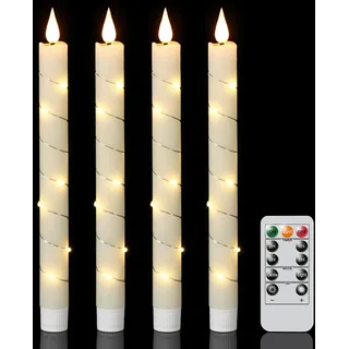 Eldnacele LED Stabkerzen mit Timerfunktion und Fernbedienung, 4er Set Echtwachskerzen mit Lichterkette, elfenbeinfarbene elektrische Kerzen für Hochzeit Weihnachten