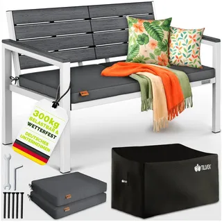 tillvex Gartenbank tillvex® Gartenbank mit Abdeckung & Kissen in Holzoptik bis 300kg (Garten Terrasse Balkon mit waschbarem Bezug, Parkbank in Holzoptik belastbar UV-beständig Sitzbank), Wetterfest 2-3 Sitzer mit Abdeckung & Kissen bis 300 kg