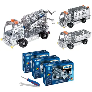 Eitech Metallbaukasten 3er Set - LKW Kipplaster, Betonmischer und Müllauto, 810 Bauteile, Konstruktionsspielzeug für Kinder ab 8 9 10 Jahren, Bastelset aus 3 Modellautos