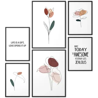 Papierschmiede® Mood Poster Set Blumen Abstrakt, Fertiges Bilder Set mit Rahmen (Holz, schwarz), Wohnzimmer Deko Schlafzimmer, 2x DIN A4 und 4x DIN A5, Zeichnung Gemälde Rose Tulpe