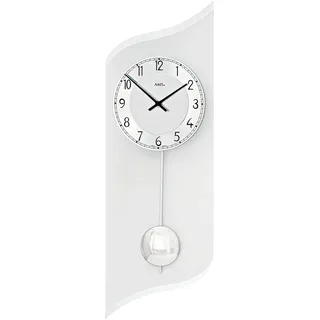AMS 7436 Wanduhr mit Aluminium Zifferblatt in Silber, Pendeluhr mit Quarzpendelwerk, Moderne Wanduhr, Glasgehäuse Bedruckt, Arabische Zahlen, Uhr mit Pendel für Wohnzimmer, Maße: 19 x 55 x 4 cm