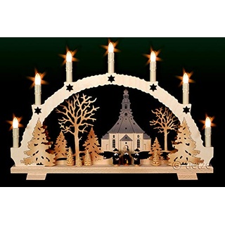 LED - 3D Schwibbogen Seiffener Kirche & Kurrende 7 Kerzen, 53cm x 35cm - Handarbeit Erzgebirge Weihnachten erzgebirgischer Lichterbogen