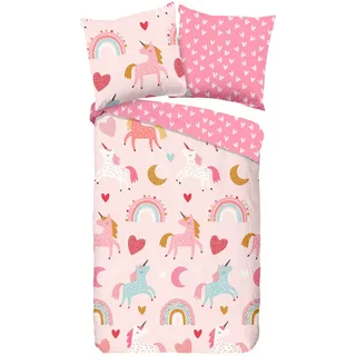 Good Morning Unicorn Flanell Baumwolle Rosa 135 x 200 cm + 80 x 80 cm