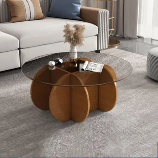 Meedlopia Couchtisch Glas Durchsichtig Couchtische Wohnzimmer Modern Wohnzimmertisch mit Holz Füße Ausgefallene Glastisch Couch, Moderner Vintage-Beistelltisch für Wohnzimmer, Homeoffice