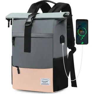 Grosser Reise-Rucksack für Frauen, Laptop-Rucksack für Frauen, unier Rolltop-Rucksack, wasserdichter Rucksack für Herren - Hellrosa/Hellgrau