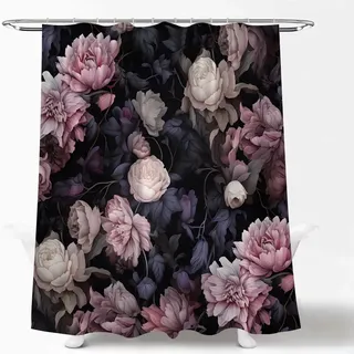LAEDCIITI Duschvorhang, Vintage, Blumenmuster, Boho, Retro, Blätter, Aquarell, Blume, rustikale Pfingstrose, ästhetische Pflanze, botanischer Stoff, Badvorhang mit Haken