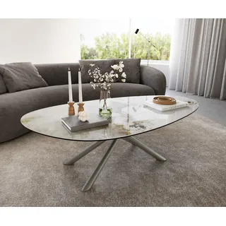 DELIFE Couchtisch Edge, Oval 140x75 cm Keramik Minas Melange Sarity Metall Effektfinish Titan beige|weiß Gerade Kante Oval | 140 cm x 42 cm x 75 cm