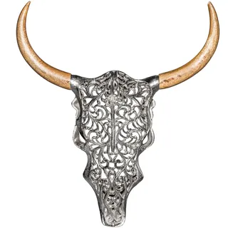 Invicta Interior Stylishe Wanddekoration Exotic Bull 57cm Silber Hörner aus Mangoholz Stierkopf mit Ornamenten aus Metall