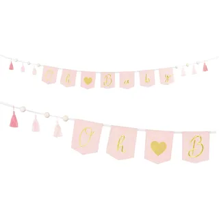 Oh Baby Girlande Rosa – Baby Shower Deko Banner mit Tasseln & Holz, Baby Party Dekoration Mädchen, Fotohintergrund, 2,5 m, Gold Schrift