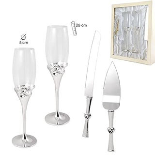 DRW Sektgläser, Messer und Tortenheber für Hochzeiten im Etui 26 Gläser