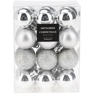 Annastore Weihnachtsbaumkugel 24 x Mini Baumkugeln Ø 3 cm zum Hängen - Bruchsicher aus Kunststoff, Kleine Christbaumkugeln aus Kunststoff silberfarben