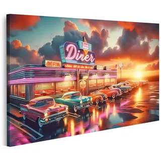 islandburner Bild auf Leinwand Klassischer Diner mit Oldtimer Autos bei Sonnenuntergang Bilder Wandbilder Poster