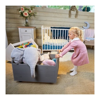 Alavya Home® Spielzeugtruhe BULLI Premiumqualität für Kinder (Kinderzimmerregal Spielzeugkiste), Spielzeug-Organizer mit 4 Rollen Aufbewahrungsregal aus Kiefernholz grau