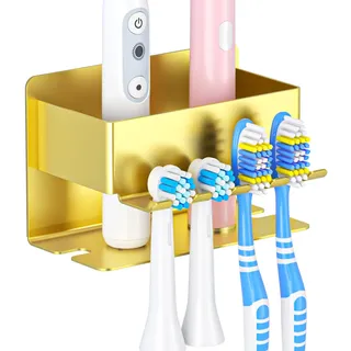 YYBO Zahnbürstenhalter Wand, Zahnbürstenhalter Elektrische Zahnbürste Halter Ohne Bohren, Aufsteckbürsten Halter Selbstklebend Zahnpastaspender,Zahnbürsten Halterung Bad Bürstenhalter(Gold, Klein)
