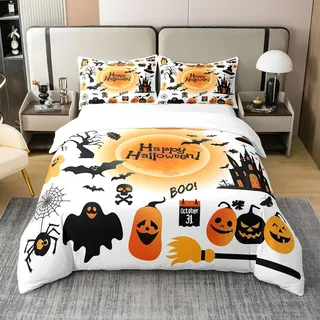 Glückliche Halloween Bettwäsche Set 135x200 Knochen Spinnweben 100% Baumwolle Bettbezug,Gotische Gruselige Horror Festival Tröster Abdeckung Schloss und Fledermaus Halloween Bett mit 1 Kissenbezug