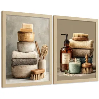 POSTER 2er-Set dekorative Badezimmer-Wandbilder und für Waschbecken, Dusche, WC mit Seifen, Handtüchern und Bürsten, Naturstil Leichter Holzrahmen A4