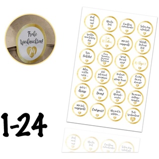 Weihnachtswunder® Sticker 24x Adventskalender Aufkleber Sticker Zahlen 1-24 & Texte - gold ED.4, (Set), ø 5 cm / mit Zahlen und Texten