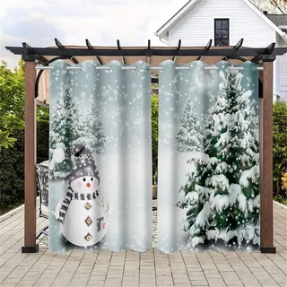 Hiseng wasserdichte Vorhänge Outdoor, Weihnachten Schneemann 3D Drucken Outdoorvorhänge 2 Stück Verdunkelungsvorhang Blickdicht mit Ösen Sichtschutz Vorhang (101x213cm,Weihnachtsbaum)
