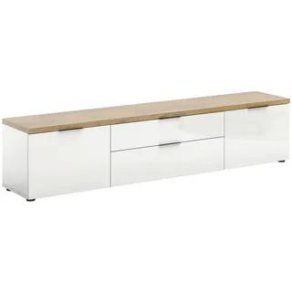 XORA Lowboard, Weiß Hochglanz, Metall, 2 Fächer, 2 Schubladen, 220x49x43 cm, stehend, Wohnzimmer, Wohnwände, Lowboards