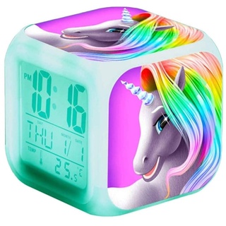 fuska Digitaler Wecker für Kinder, 7 Farben, wechselnde LED-Würfel-Uhr mit Licht, Schlaftrainer, Weckuhr für Kinder, Geschenke - Einhorn B