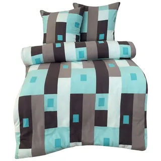 Thermofleece Mikrofaser Bettwäsche Set 240x220 cm Türkis Grau Kariertes Design mit Reißverschluss - Blau