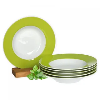 van Well Vario Suppenteller-Set 6-teilig - Teller-Service für 6 Personen - tiefe Pasta-Teller 21,5cm - Porzellan-Set weiß mit Rand in Grün - Salat-Teller mikrowellengeeignet