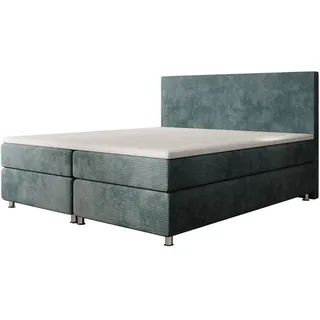 Luxusbetten24 Boxspringbett Athene in Cord, mit 5-Gang-Bonnell-Federkernmatratze und Topper blau 160 cm x 200 cm