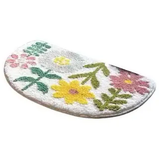kiskick Rutschfester Halbrunder Teppich, hohe Badezimmer-Bodenmatte, Halbrunder Boho-Blumen-Cartoon-Panda-Muster, Dicke, waschbare Badezimmerteppiche für Dusche, Küche, Schlafzimmer Weiß 40x60 cm