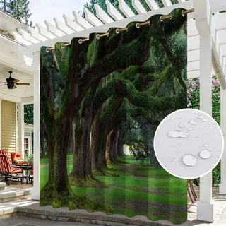 Hiseng wasserdichte Vorhänge Outdoor, Wald Muster Outdoorvorhänge Wetterfest Blickdicht Verdunkelungsvorhang mit Ösen 1 Stück Sichtschutz Sonnenschutz Vorhang für Garten (210x230cm,Grün Baum)