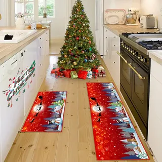 Weihnachtsteppich Matten,3D Rutschfest Waschbar Weihnachtsteppich, Weihnachtsdruck Teppich,Weihnachtlicher Innen und Außenteppich Dekoration für Zuhause Büro Hof Zimmer (Weihnachten B, 43x75+43x150cm)