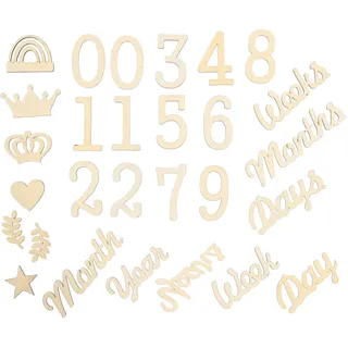 MUCKLILY Holz Meilenstein Satz mit 28 Teilen in Beige für Babyfotografie und Wachstumserfassung mit Blattform Krone und Herz als Babyparty Zubehör