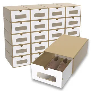 Suusolny Schuhbox mit Sichtfenster & Schublade 20er Boxen-Set Aufbewahrungsbox Braun Schuhkiste Schuhschachtel Schuhkarton aus Kraftpapier Ordnungsboxen Stapelbar aus Pappe - 34.5x23x13.5cm(Braun)