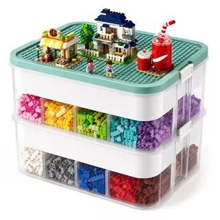 Trintion Aufbewahrungsboxen für Lego, 3-stöckige große stapelbare Aufbewahrungsbox mit Deckeln und verstellbaren Fächern, Lego-Organizer für Bausteine, Ziegel, Puzzle-Board-Organizer (2. Stock – Blau)
