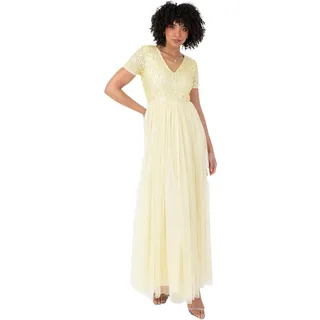 Maya Deluxe Damen Ballkleid Abendkleid V-Ausschnitt Maxi Länge Pailletten Kurze Ärmel Für Hochzeit Geburtstag Brautjungfer Bridesmaid Dress, Zitronengelb, 46 EU