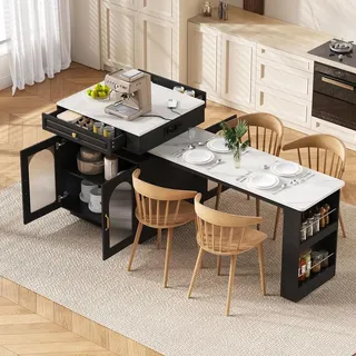 STILVORA Kücheninsel mit Rollen, Küchenwagen mit ausziehbarer Esstisch, Bartisch mit Steckdosenleisten und LED-Beleuchtung, Schwarz, als Anrichte... - Schwarz