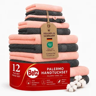 Betz 12-TLG. Handtuch-Set Palermo 100% Baumwolle 2 Liegetücher 4 Handtücher 2 Gästetücher 2 Seiftücher 2 Waschhandschuhe Farbe apricot und anthrazit