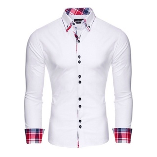 Reslad Langarmhemd Reslad Herren Hemd Button-Down Slim Fit Kontrast (Hemd) Doppelkragen Kontrast Karo Muster Hemden weiß