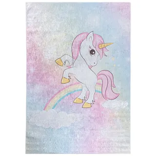 Mazovia Kinderteppich Kinderteppich Kinderzimmerteppich Einhorn, 160 x 230 cm, Kurflor, Waschbar in Waschmaschine, Höhe 5 mm, Rutschfest bunt|rosa 160 x 230 cm