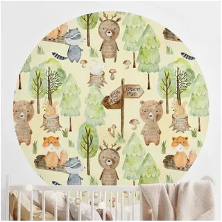 Bilderdepot24 Kindertapete rund Fuchs Wald-Abenteuer Illustration, Glatt, Matt, (Vliestapete selbstklebend), Kinderzimmer Babyzimmer Wandtattoo Fototapete Klebe Wandtapete grün 150 m x 150 m
