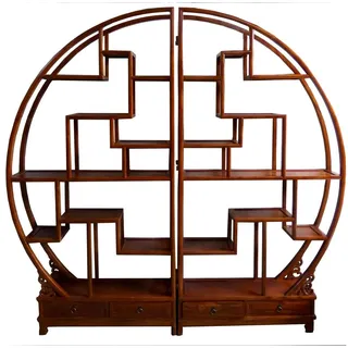 OPIUM OUTLET Wandregal Chinesisches Rundregal Eckregal offener runder Schrank Vitrine, aus Holz, Breite 206 cm, Höhe 198 cm, Tiefe 25 cm, Asiatischer Raumteiler, orientalisches Bücherboard, Vintage-Stil braun