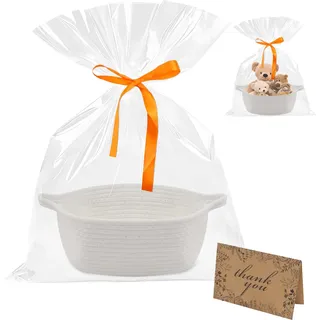 Geschenkkorb Leer, Baumwollsei Präsentkorb Leer mit Geschenktüten Grußkarten und Bändern, Geflochtener Korb Aufbewahrungskorb mit Griff für Geburtstage, Babypartys, Feiertage(Weiß)