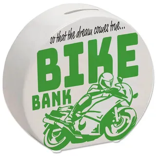 speecheese Spardose Bike Bank Spardose in grün zum Thema Motorradkauf und Motorrad fahren