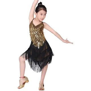 HOMU Lateinisches Tanzkleid Quastenrock Mädchen Pailletten Fransen Kleid funkelnd für Kinder Ballett Tango Rumba Tanzkleidung - 130