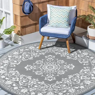 Enyhom Outdoor Teppich Rund 180 cm, Wetterfest Wendbarer Bodenmatte Kunststoff Terrassenteppich Außenteppich UV-beständige RV Camping Balkon Teppich für Patio Strand BBQ Picknick Deck Wohnzimmer