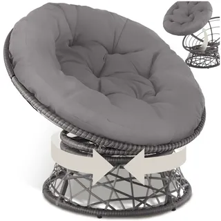 tectake® Papasansessel, gemütlicher Drehsessel mit Kissen rund, bequemer Rattansessel, Loungesessel drehbar, runder Relax Korbsessel Rattan für Wohnzimmer, Leseecke, Lounge - grau