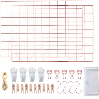 LOYONAL Fotogitter Rosegold 2er Set, Metall Wandgitter Pinnwand Memoboard | Metallgitter Fotowand 42 x 31 cm für Fotos, Postkarten und Notizen, ideal für Schlafzimmer und Büro