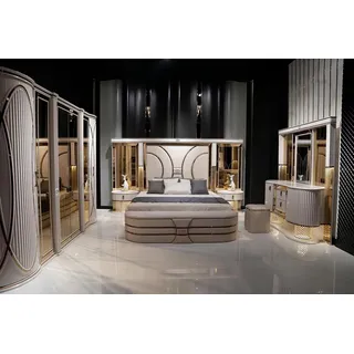 JVmoebel Komplettschlafzimmer Schlafzimmermöbel in Holzoptik mit Nachttischen und Kleiderschrank, (7-tlg., Bett,Kleiderschrank, 2x Nachttische,Hocker,Schminktisch-mit-Spiegel), Made in Europa beige