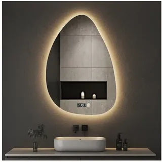 WDWRITTI Badspiegel mit beleuchtung und Uhr LED Spiegel Bad 3Lichtmodi Dimmbar (Design Badezimmerspiegel Wassertropfen, 55x80cm), Speicherfunktion, Touch /Wandschalter bunt