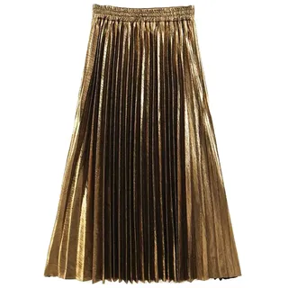 Damen Rock Monochrom Faltenrock Elastischer Taillenbund Maxirock aus Baumwollgemisch Gold M - M