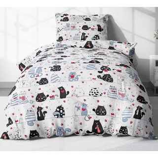 Heubergshop Kinderbettwäsche, Renforcé, 2 teilig, 135x200cm + 80x80cm - Katzen 100% Baumwolle Kinder (KY-Katzen-Weiß) weiß